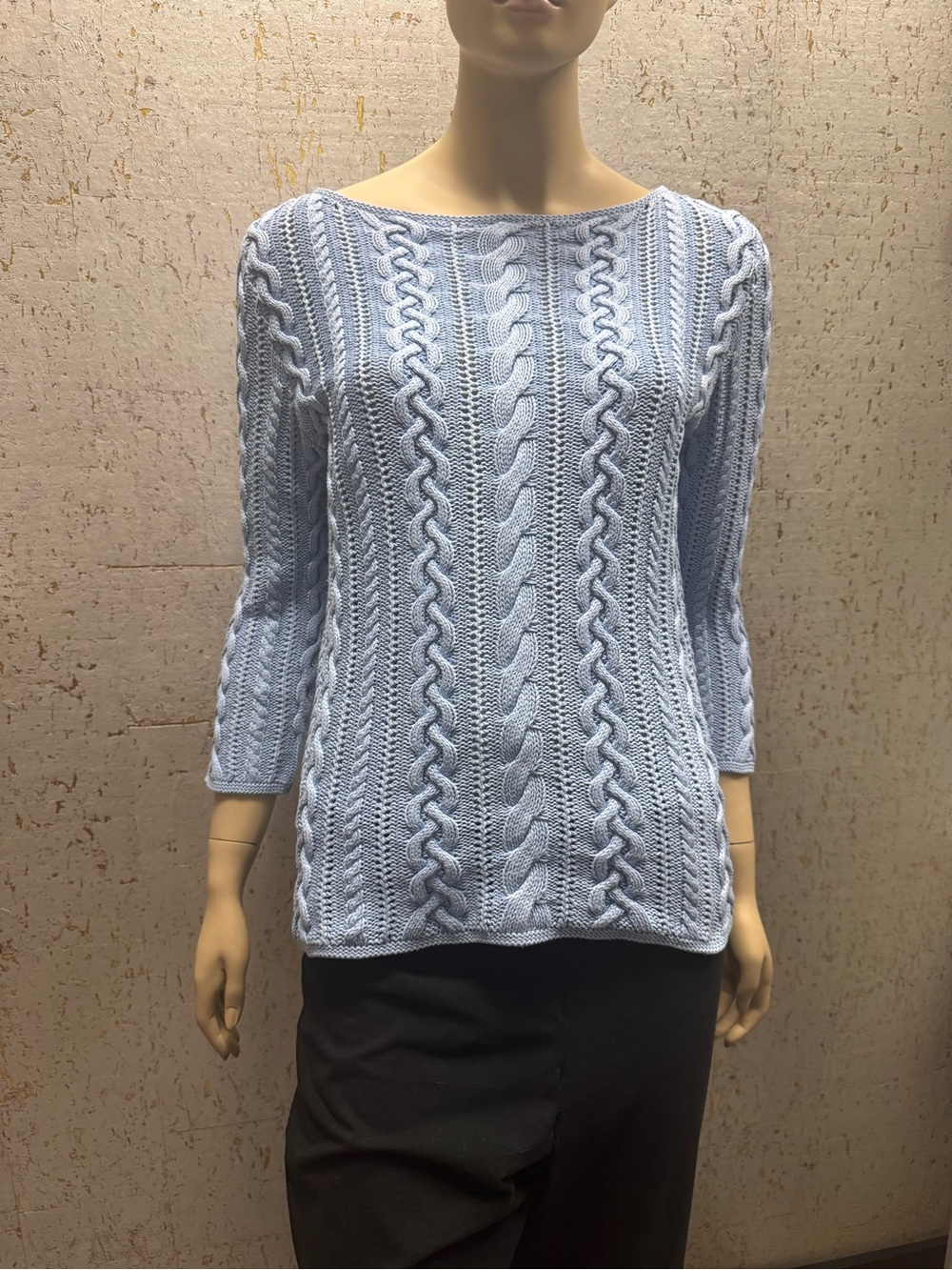 Lauren Ralph Lauren Cabana Blue Aran Cable Knit Boatneck Sweater